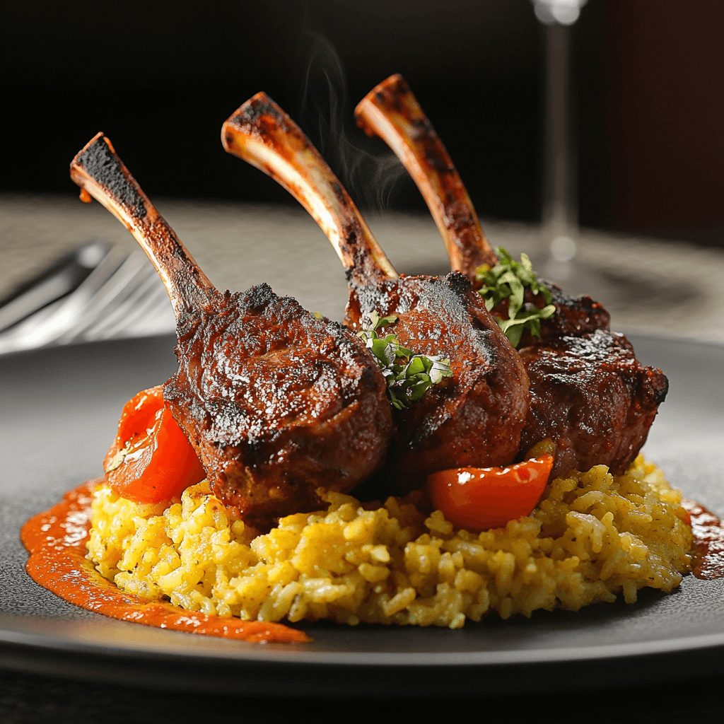 Curried Lamb Chops with Rice Pilaf and Tomato-Hummus Sauce