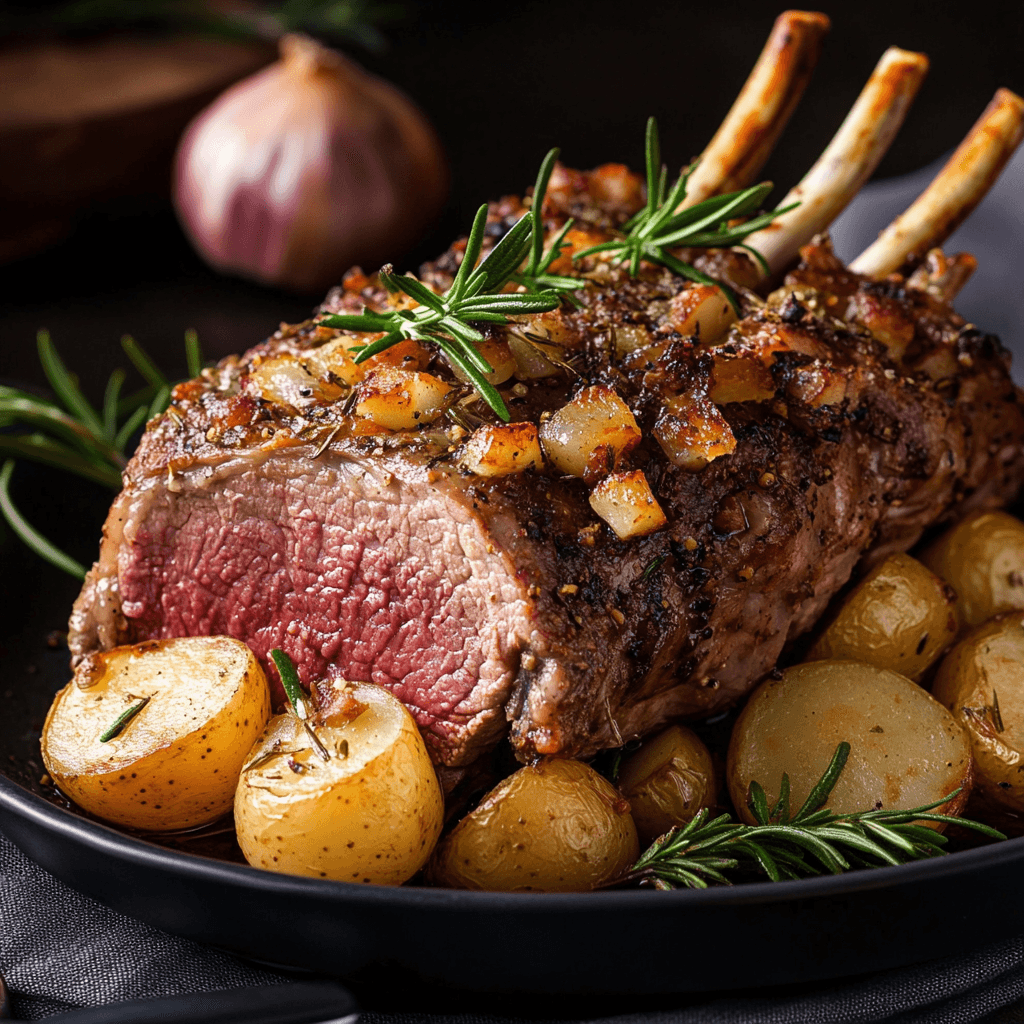 Slow Cooker Rosemary Garlic Rack of Lamb with Onion and Potatoes