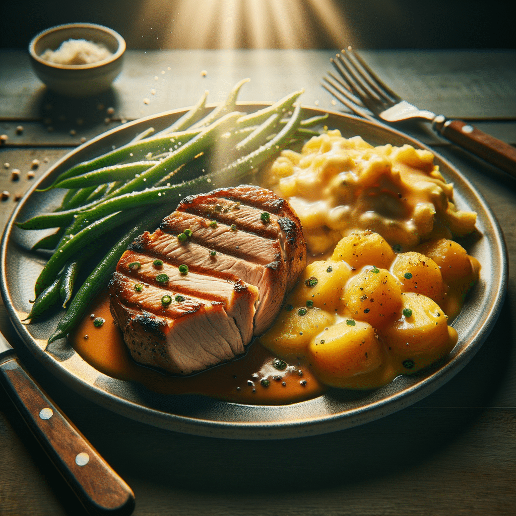 Pork Tenderloin with Cheesy Scalloped Potatoes and Buttered Green Beans