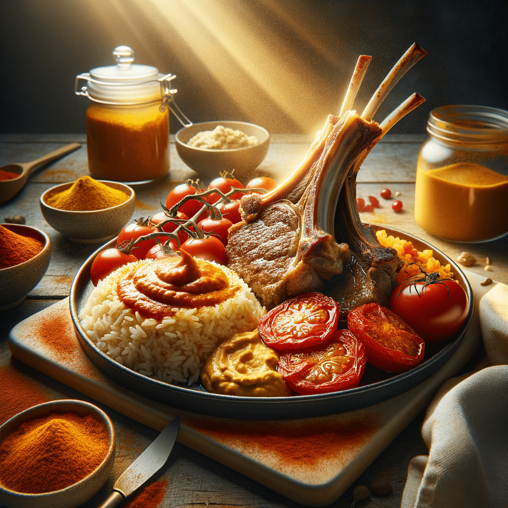 Curried Lamb Chops with Rice Pilaf and Tomato-Hummus Sauce