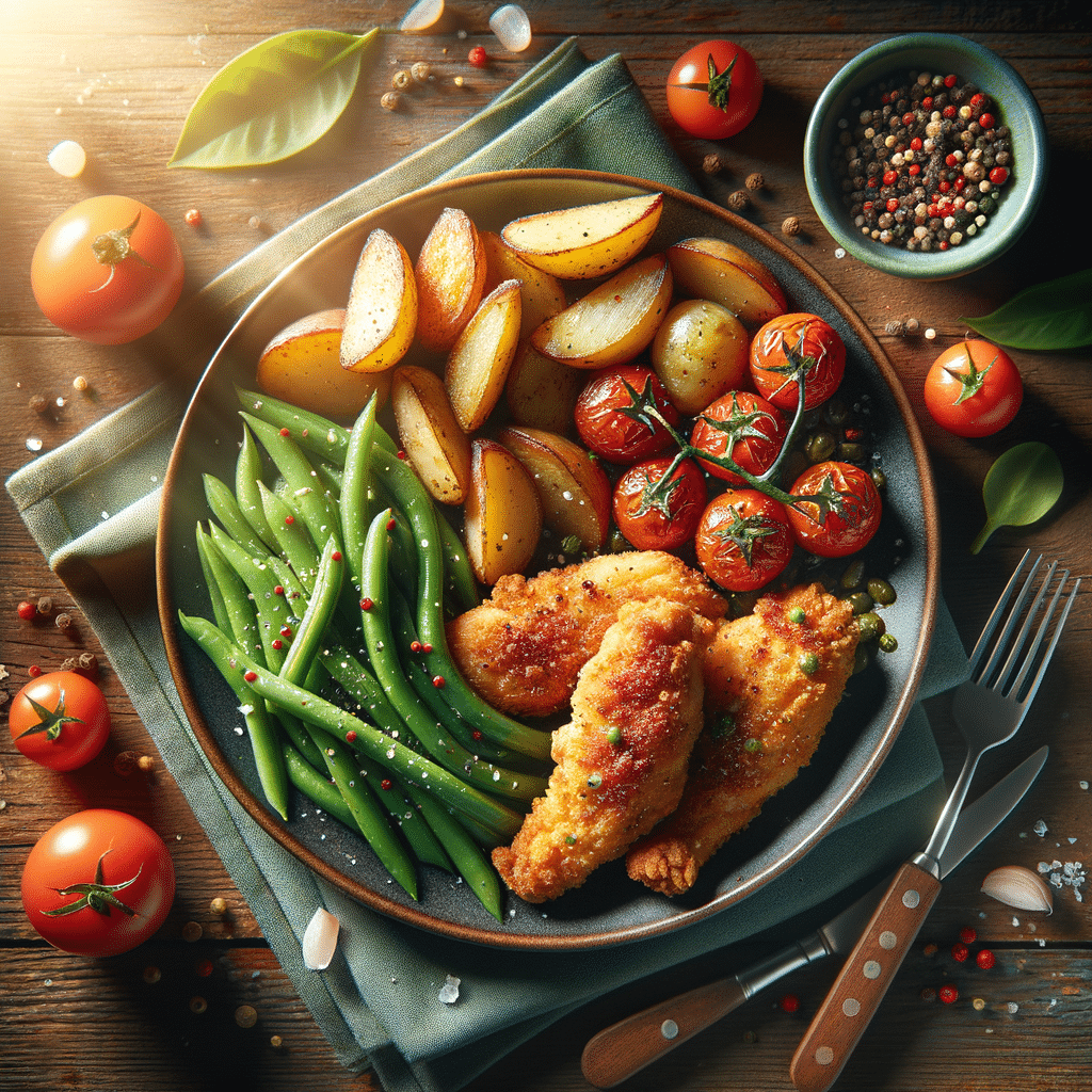 Pan-Fried Chicken Tenders with Roasted Potatoes, Tomatoes, and Green Beans