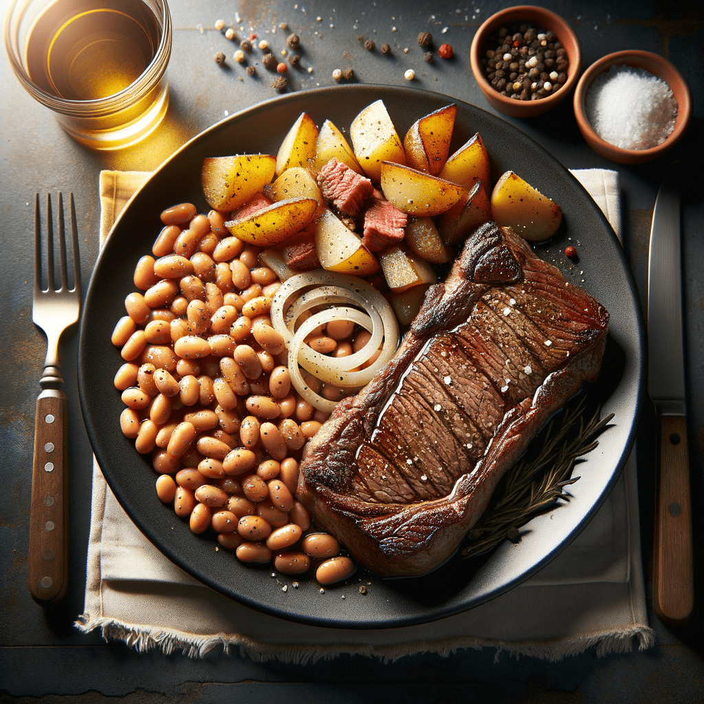 Roasted NY Strip Steak with Bean and Potato Hash