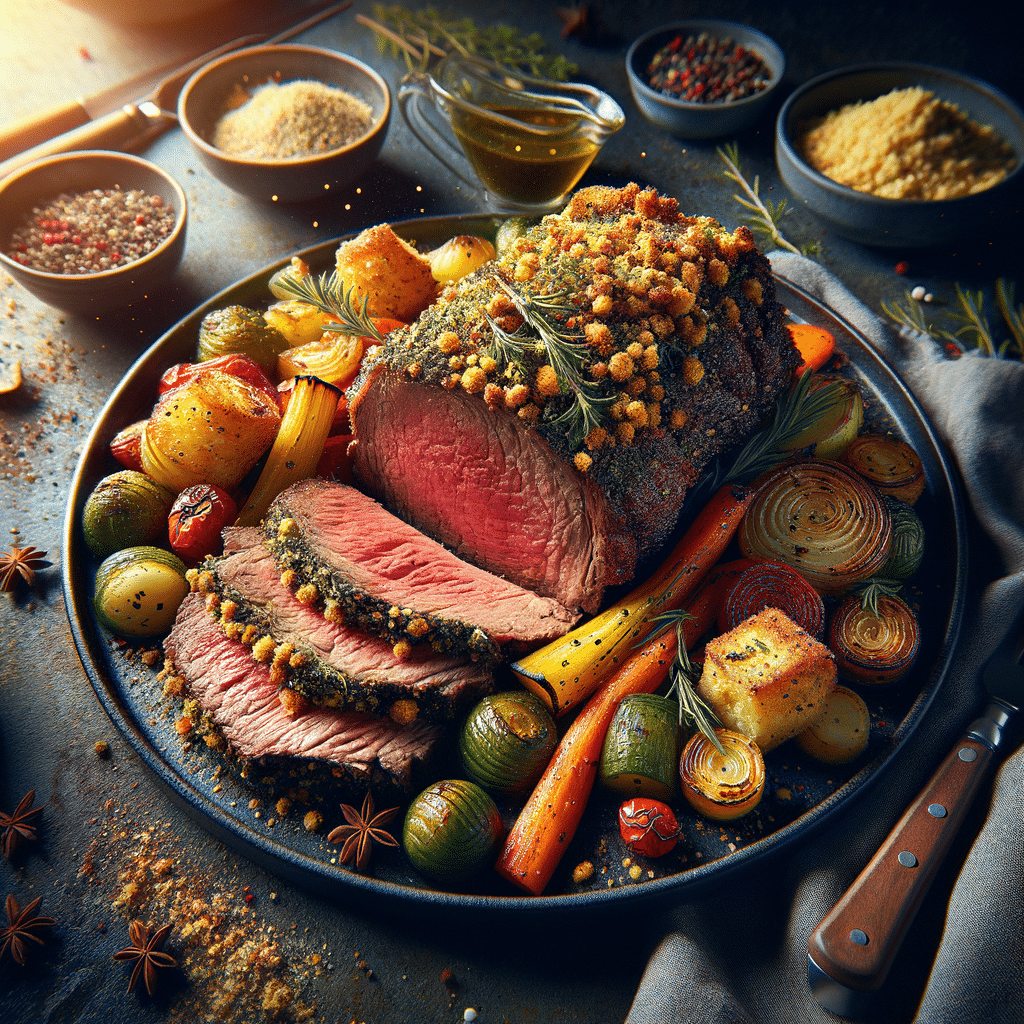 Herb Crusted Rib Roast with Roasted Vegetables and Homemade Bread Crumbs