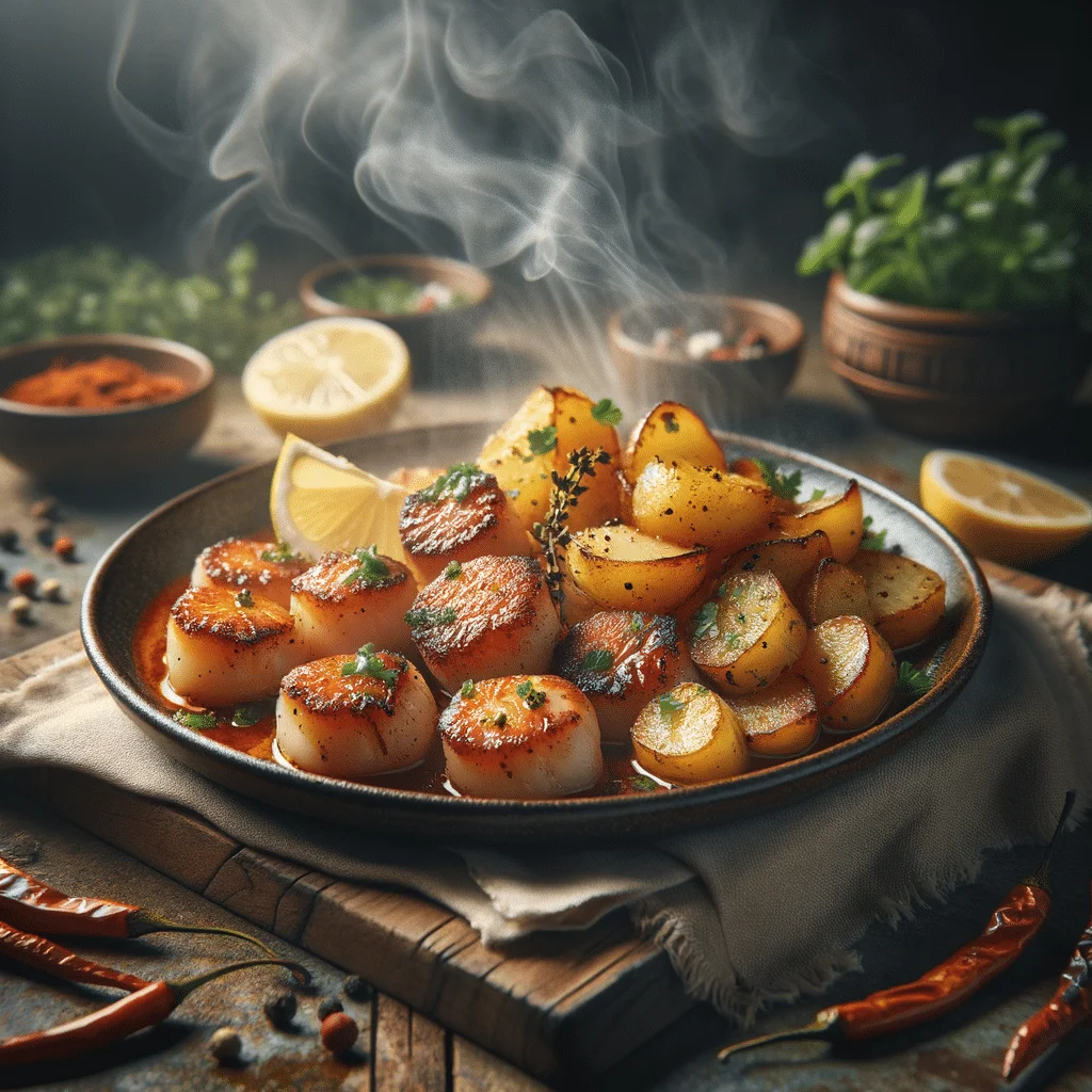 A mouthwatering plate of Spicy Seared Scallops and Potatoes served on a rustic wooden table, with steam rising from the seared scallops and crispy potatoes, garnished with fresh herbs and lemon wedges, Photography, DSLR camera with a 50mm lens, f/2.8 aperture, --ar 4:3 --v 5