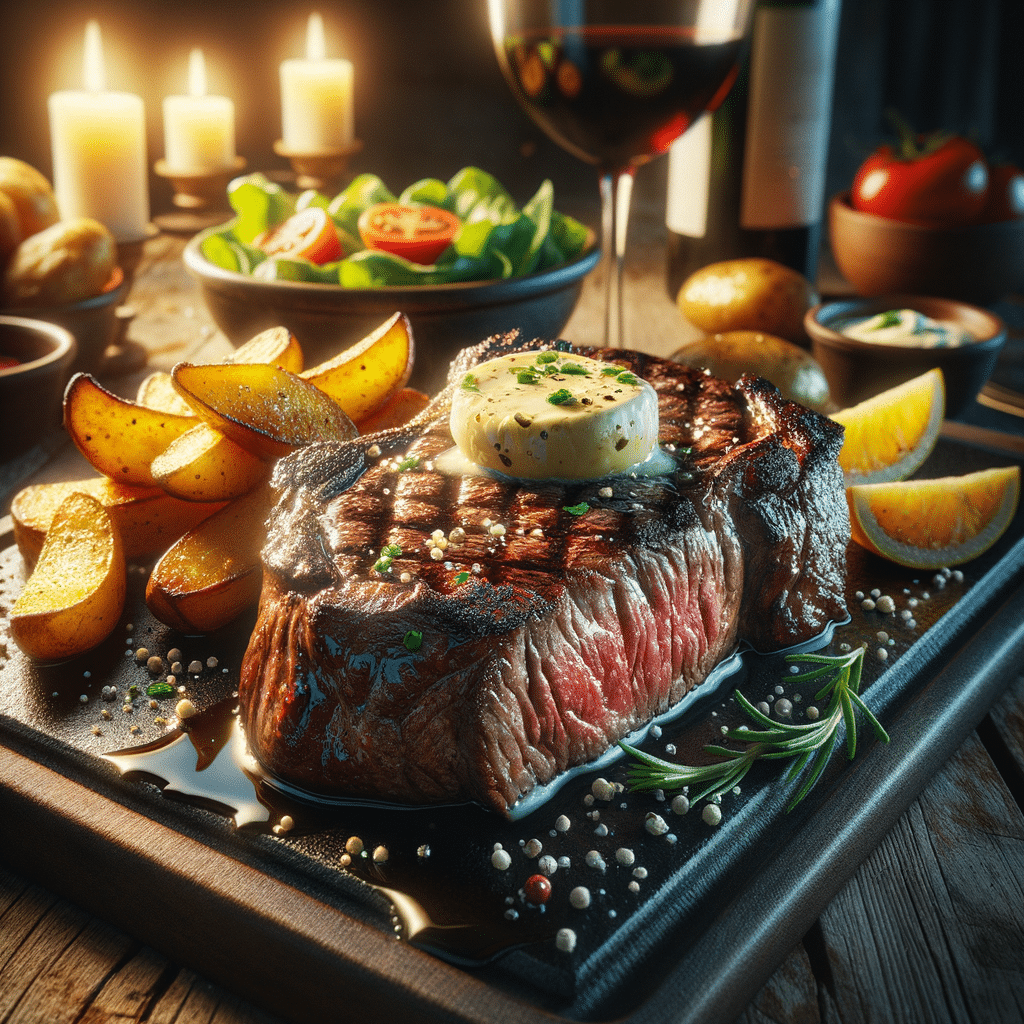 The Ultimate Steak with Garlic Butter Recipe for a Midnight Snack, a sizzling ribeye steak perfectly seared, juices glistening, topped with a generous dollop of garlic butter melting slowly, accompanied by crispy golden potato wedges, fresh salad, and a glass of red wine, set on a rustic wooden table with soft candlelight casting warm shadows, evoking a cozy, indulgent atmosphere, Realistic Photography, DSLR camera with a macro lens, capturing intricate details and rich colors, --ar 16:9 --v 5