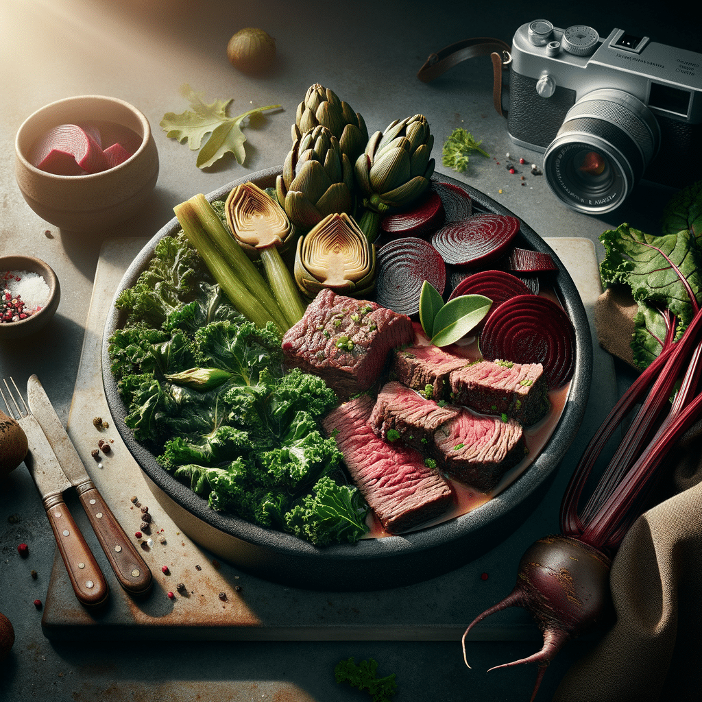 World Famous Chef’s Award-Winning Pan-Fried Beef with Kale, Artichoke, and Beets