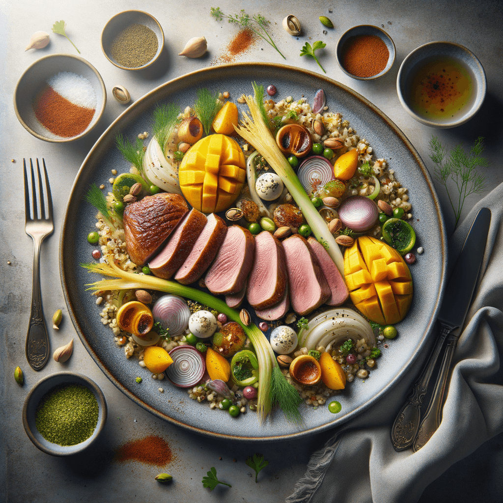 Succulent Duck Breast with Mango-Fennel Farro and Creamy Pistachio Goat Cheese Sauce