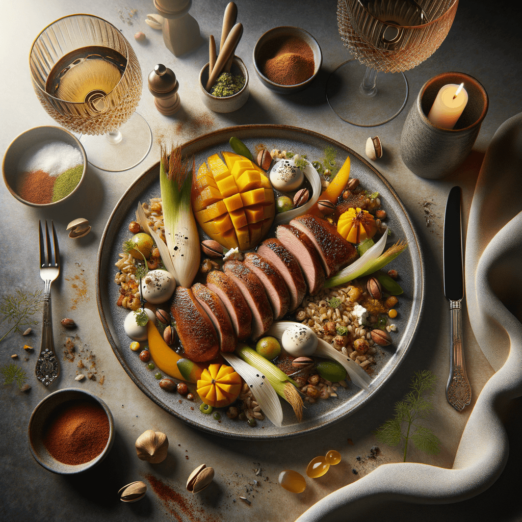 Succulent Duck Breast with Tropical Mango, Creamy Farro, and Pistachio Crunch